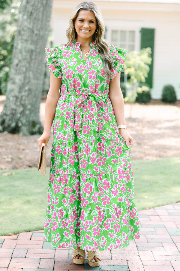 Chic Soul plus size clothing, green v-neck flutter short sleeve maxi dress with pink floral print