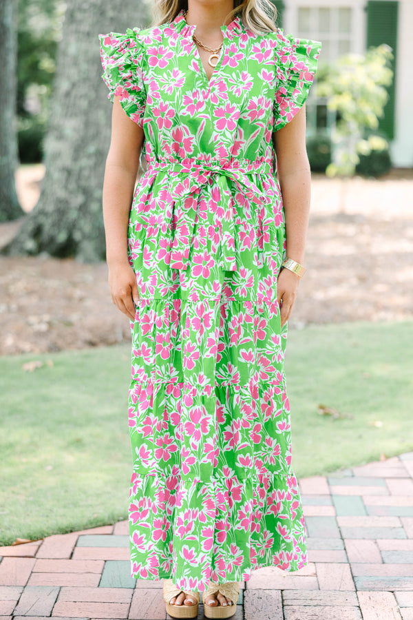 Chic Soul plus size clothing, green v-neck flutter short sleeve maxi dress with pink floral print