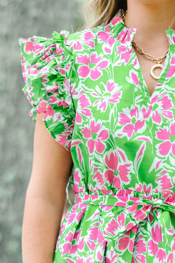 Chic Soul plus size clothing, green v-neck flutter short sleeve maxi dress with pink floral print