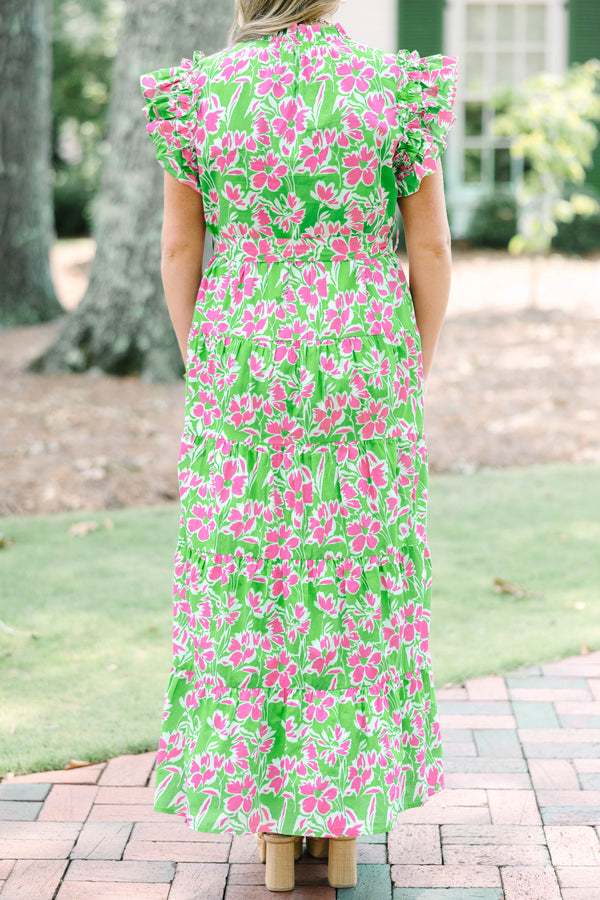Chic Soul plus size clothing, green v-neck flutter short sleeve maxi dress with pink floral print
