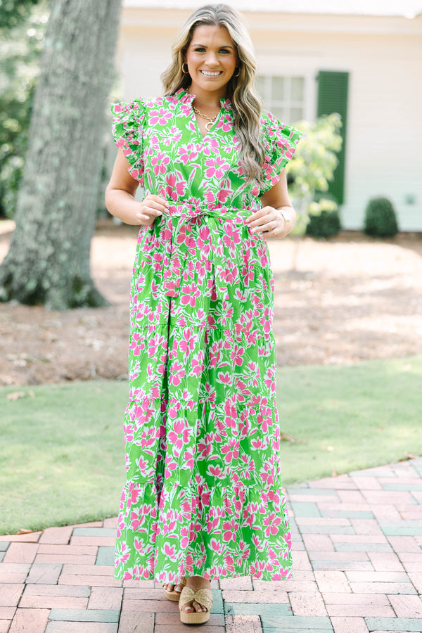 Chic Soul plus size clothing, green v-neck flutter short sleeve maxi dress with pink floral print