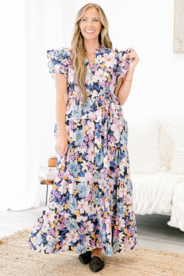 Plus Size navy floral tiered maxi dress with flutter sleeves, a split v-neck, and a waist sash.