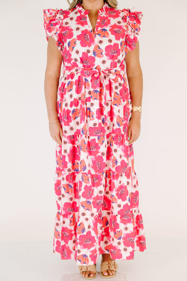 Chic Soul plus size clothing, pink floral maxi dress with flutter sleeve and a belt that ties in a bow that goes around the waist 