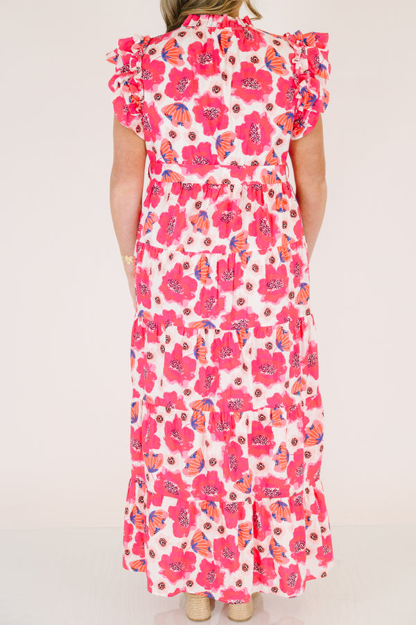 Chic Soul plus size clothing, pink floral maxi dress with flutter sleeve and a belt that ties in a bow that goes around the waist 