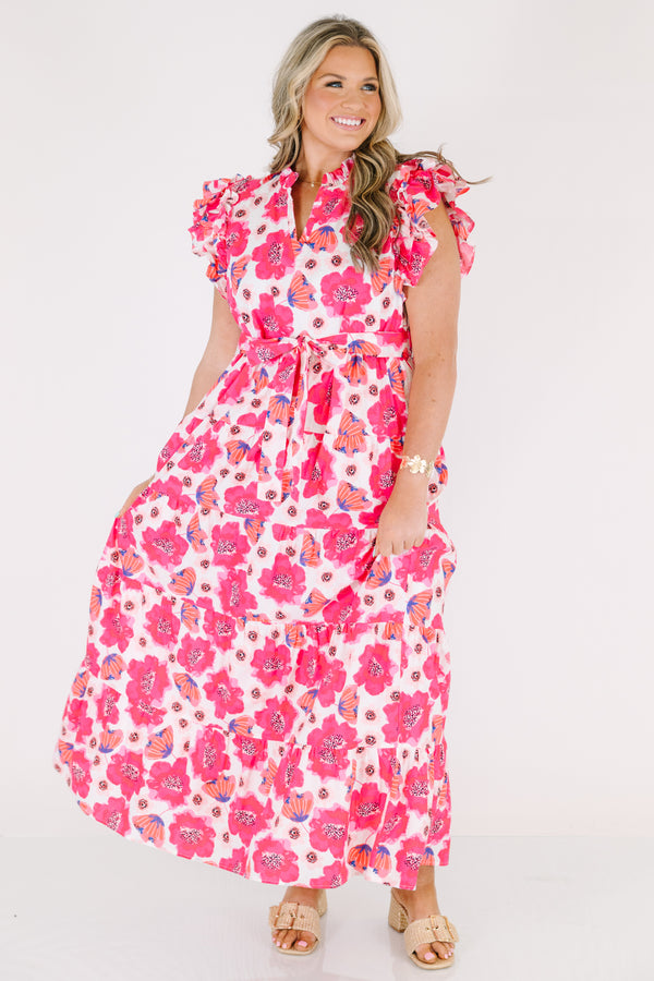 Chic Soul plus size clothing, pink floral maxi dress with flutter sleeve and a belt that ties in a bow that goes around the waist 