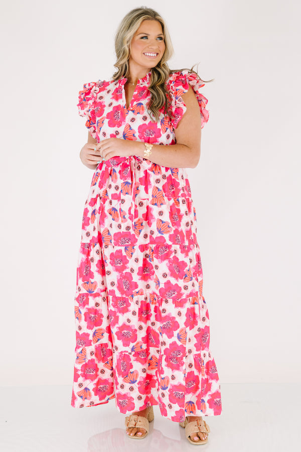 Chic Soul plus size clothing, pink floral maxi dress with flutter sleeve and a belt that ties in a bow that goes around the waist 