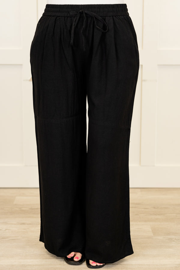 Chic Soul plus size clothing, black long wide leg flowy pants with stretchy tie detail waistband