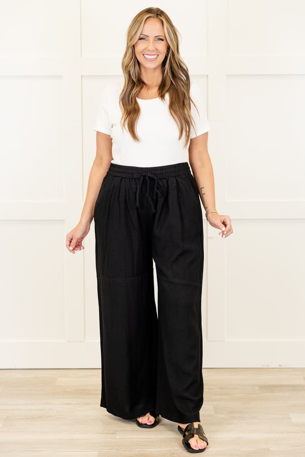 Chic Soul plus size clothing, black long wide leg flowy pants with stretchy tie detail waistband