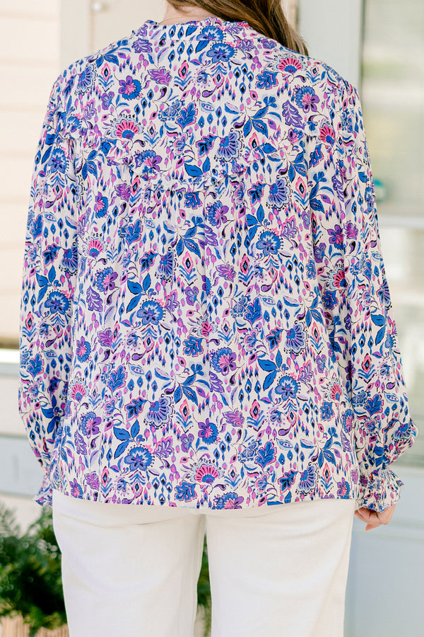 Chic Soul plus size clothing, long-sleeve purple collared ruffled blouse with a purple and blue floral pattern