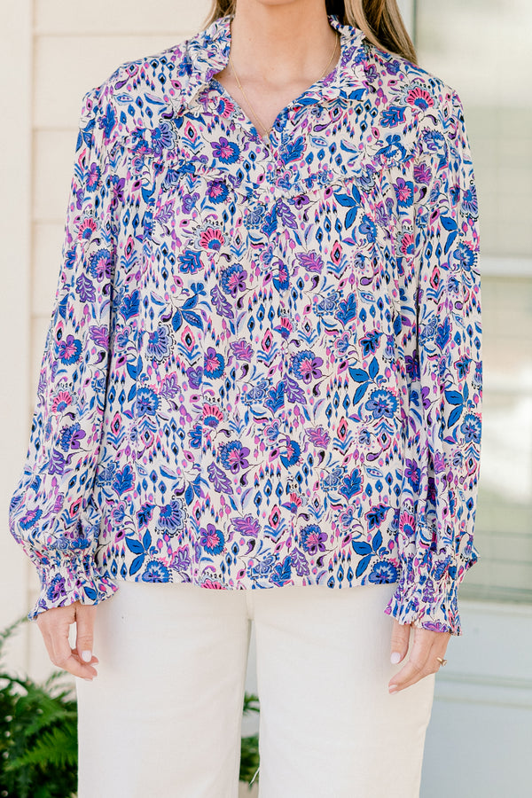 Chic Soul plus size clothing, long-sleeve purple collared ruffled blouse with a purple and blue floral pattern
