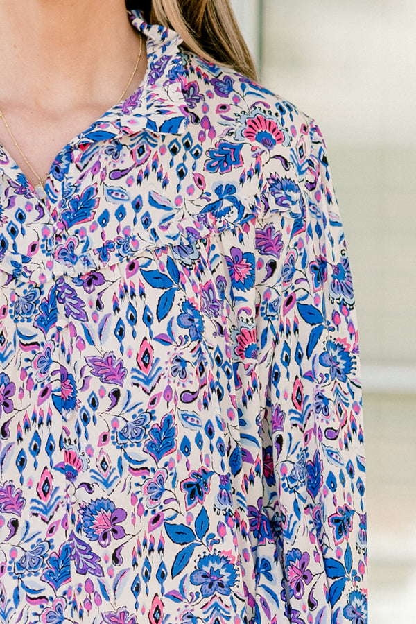 Chic Soul plus size clothing, long-sleeve purple collared ruffled blouse with a purple and blue floral pattern