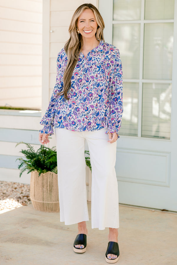 Chic Soul plus size clothing, long-sleeve purple collared ruffled blouse with a purple and blue floral pattern