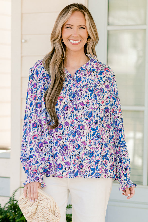 Chic Soul plus size clothing, long-sleeve purple collared ruffled blouse with a purple and blue floral pattern