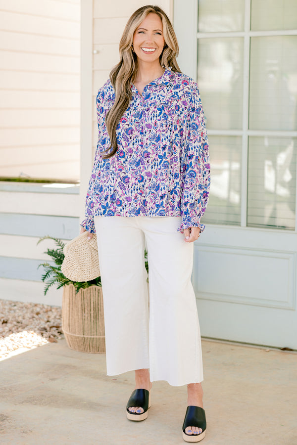 Chic Soul plus size clothing, long-sleeve purple collared ruffled blouse with a purple and blue floral pattern