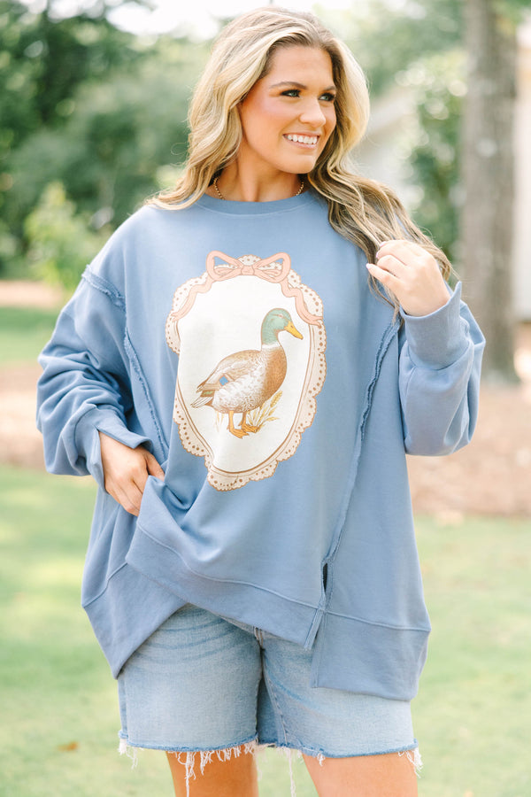 Plus size denim blue Vintage Mallard Comfy Crew sweatshirt with a mallard duck graphic.
