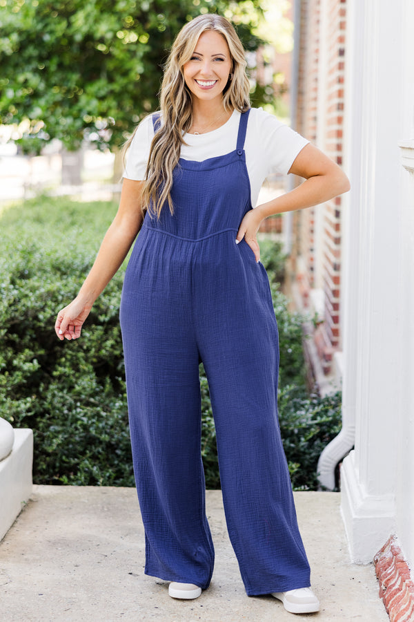 Chic Soul plus size clothing, navy thin strap jumpsuit with button clasp detail and straight leg pants with square neckline