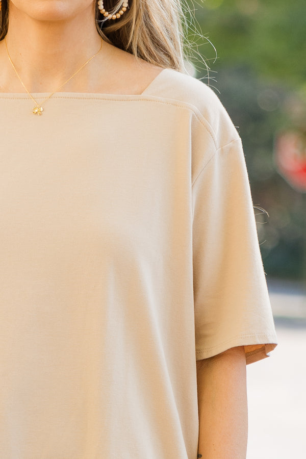 Chic Soul plus size clothing, camel short sleeve flowy top with square neckline detail 