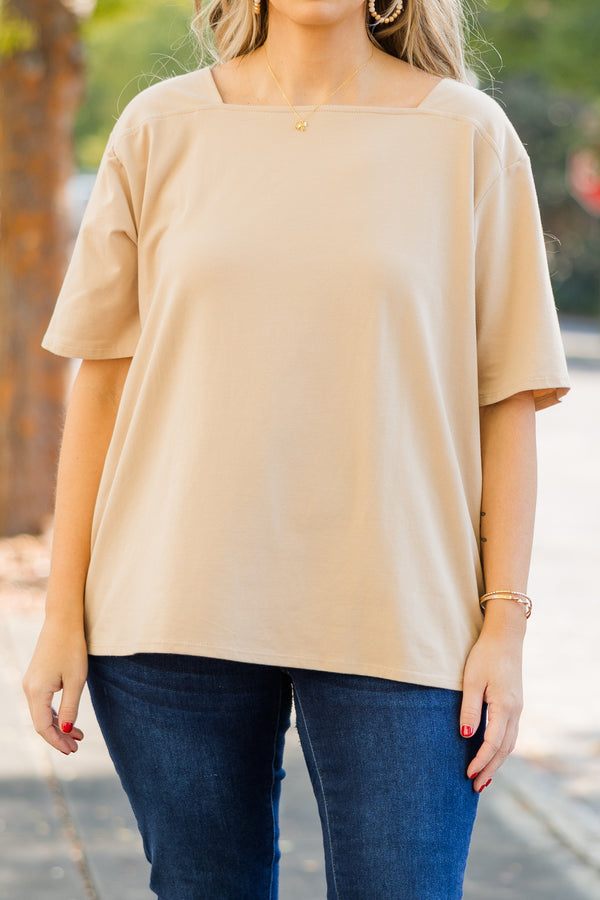 Chic Soul plus size clothing, camel short sleeve flowy top with square neckline detail 