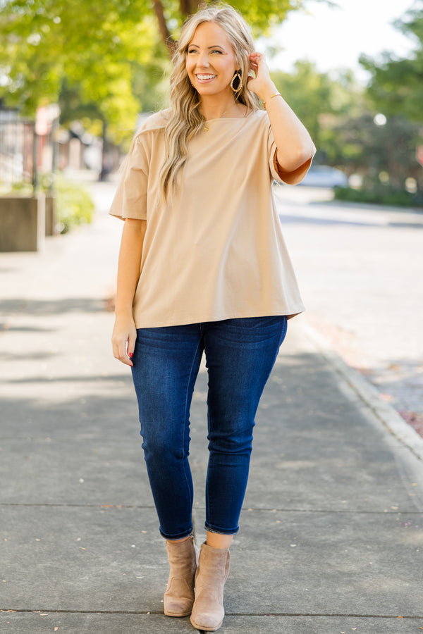 Chic Soul plus size clothing, camel short sleeve flowy top with square neckline detail 