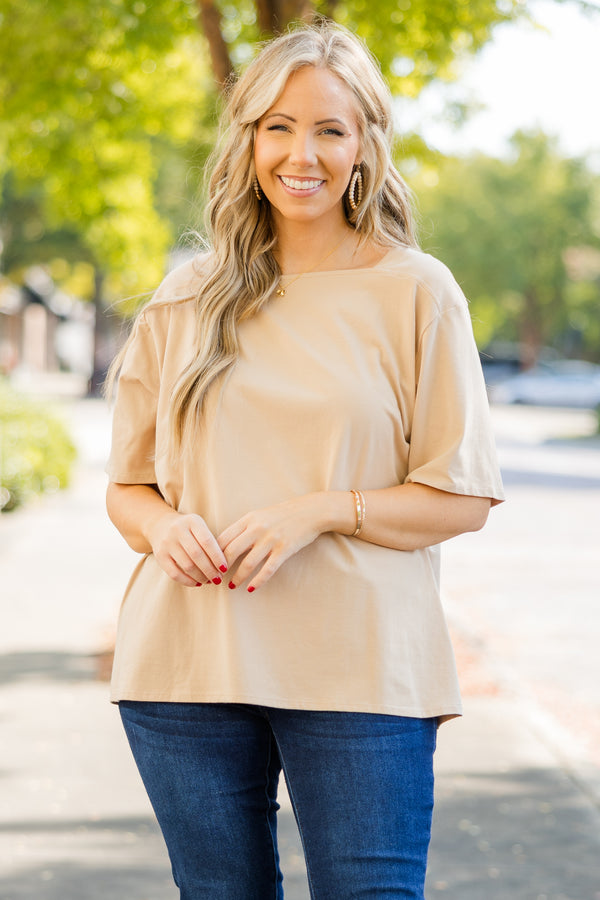 Chic Soul plus size clothing, camel short sleeve flowy top with square neckline detail 