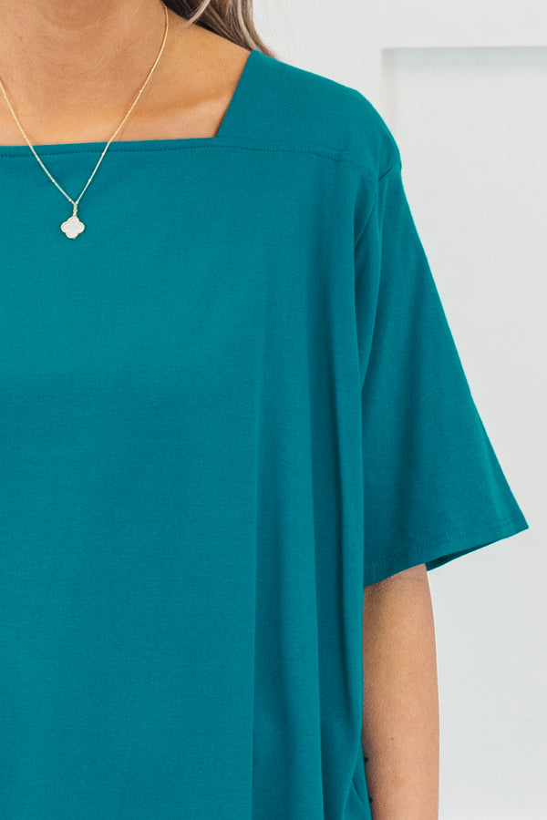 Chic Soul plus size clothing, short-sleeve turquoise green top with a high-square-neckline 
