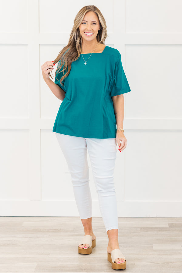 Chic Soul plus size clothing, short-sleeve turquoise green top with a high-square-neckline 