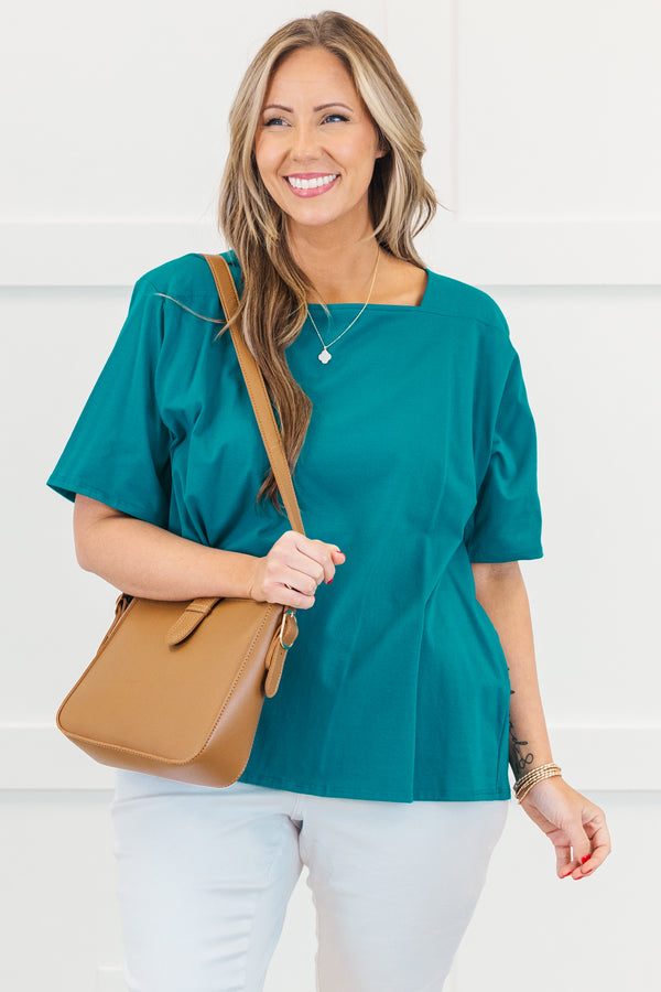 Chic Soul plus size clothing, short-sleeve turquoise green top with a high-square-neckline 