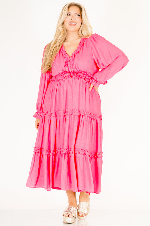 Chic Soul plus size clothing, hot pink long sleeve midi dress with tiered skirt and ruffles along the v-neckline and waistline