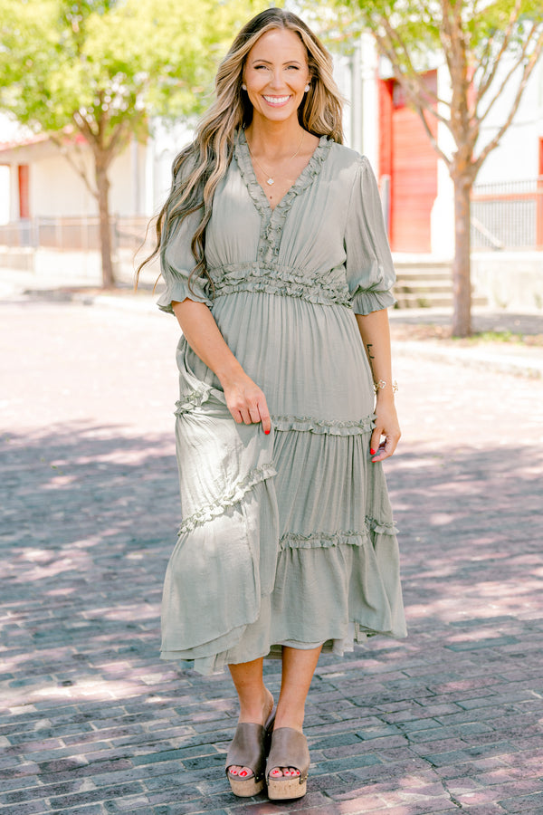 Chic Soul Plus size clothing,  olive tiered maxi dress with ruffle details on each tier and on the v-neckline 
