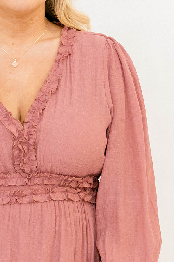 Chic Soul plus size clothing, blush pink long sleeve tiered v-neck maxi dress with ruffle detailing