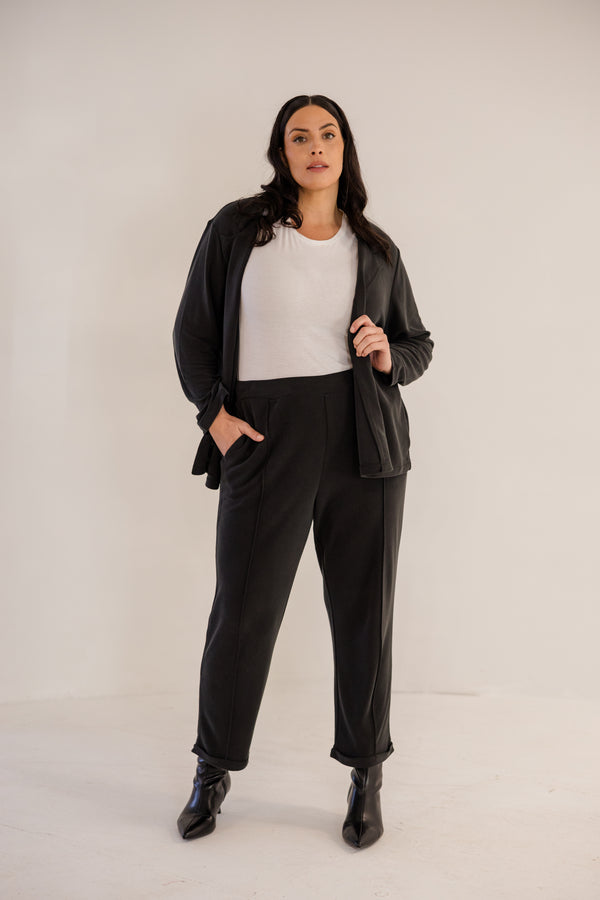 Chic Soul plus size clothing, black slim fit tapered ankle pant with pintuck and cuffed ankle detail