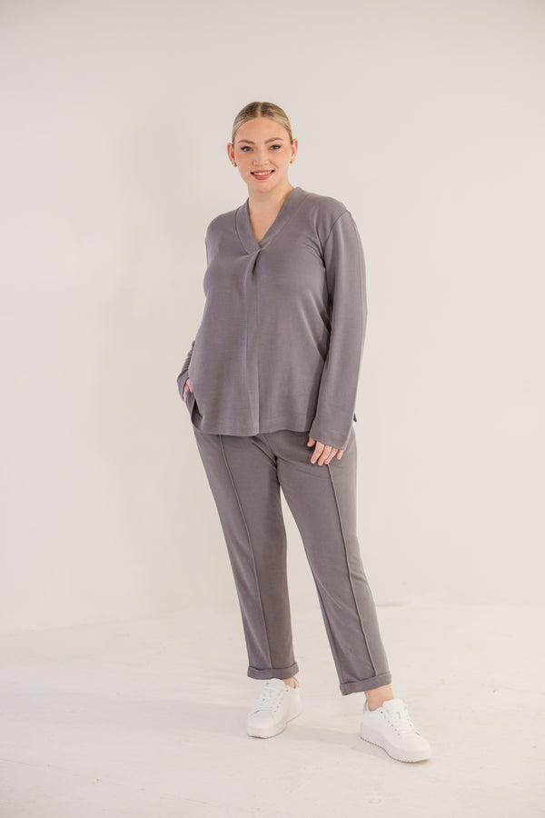 Chic Soul plus size clothing, castle rock grey slim fit tapered ankle pant with pintuck and cuffed ankle detail