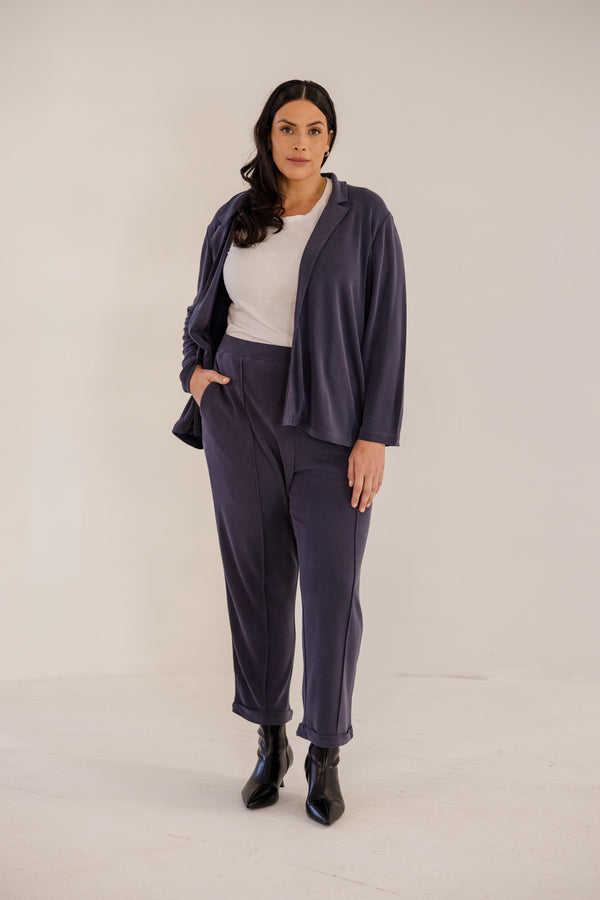 Chic Soul plus size clothing, ink navy slim fit tapered ankle pant with pintuck and cuffed ankle detail