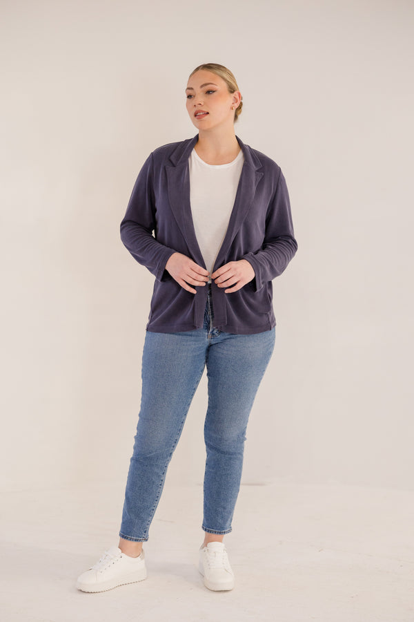 Chic Soul plus size clothing, ink navy long sleeve flowy blazer with collar detail