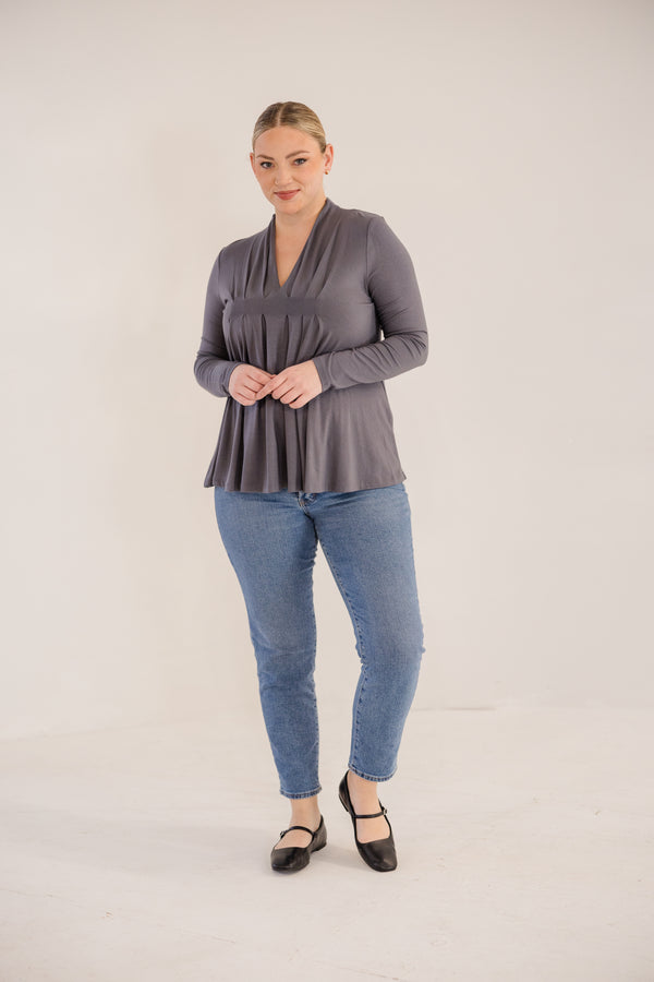 Chic Soul plus size clothing, castle rock grey long sleeve flowy top with v neckline and pleated detail in front