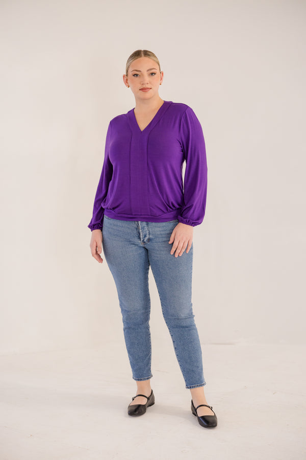 Chic Soul plus size clothing, petunia deep purple long sleeve top with v neckline with cuffed sleeves