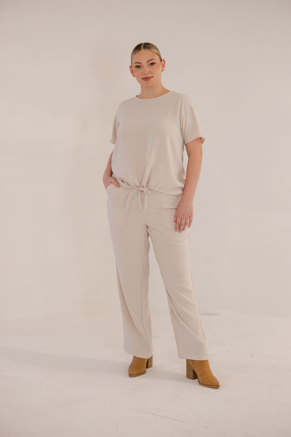 Chic Soul plus size clothing, stone short sleeve front tie top with cinched detail on bottom with tie detail