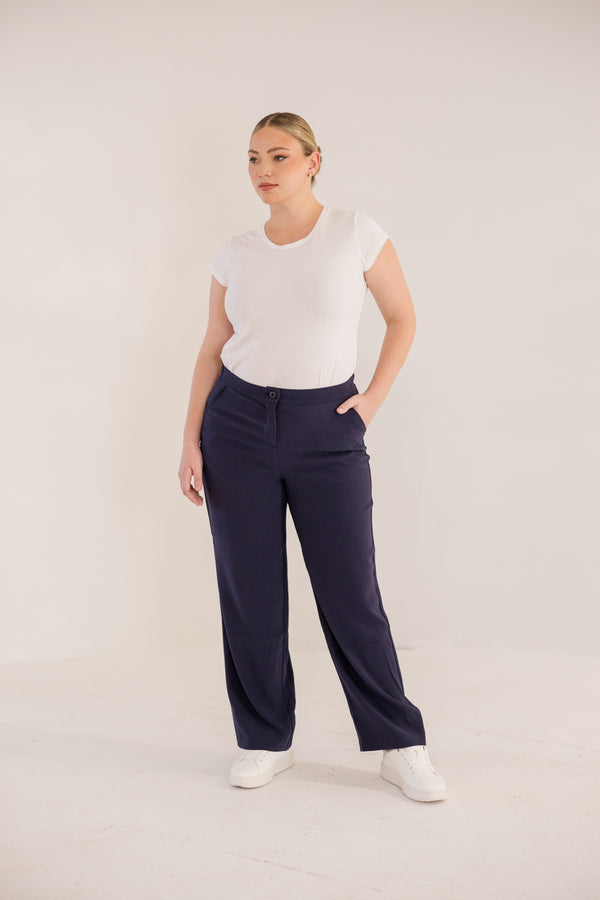 Chic Soul plus size clothing, ink navy straight leg pant with elastic back waistband with button closure in front with pockets