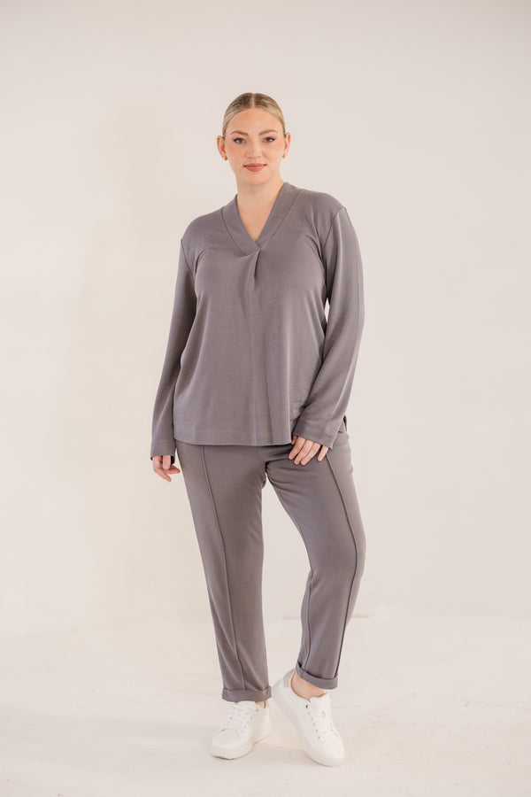 Chic Soul plus size clothing, castle rock grey v neck a-line long sleeve flowy top