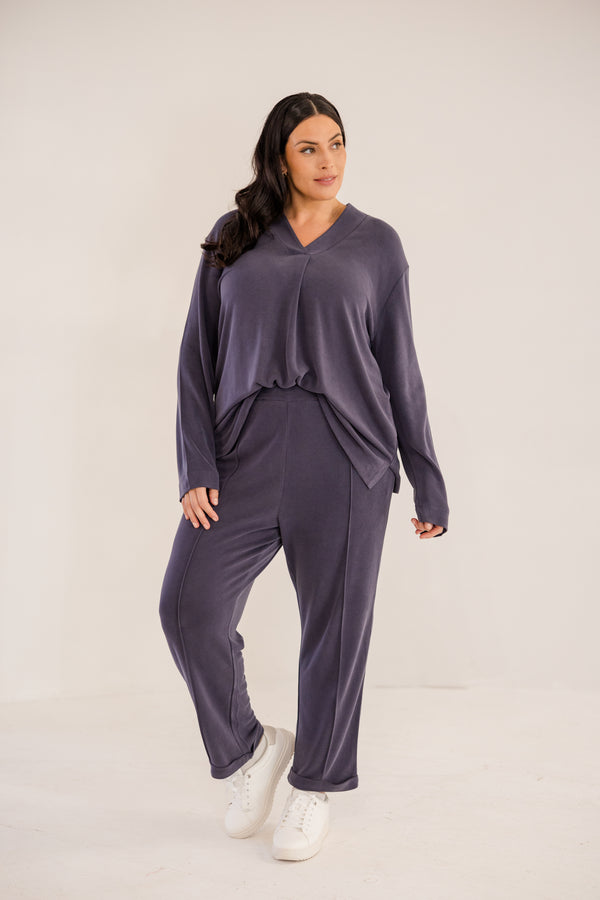 Chic Soul plus size clothing, ink navy v neck a-line long sleeve flowy top