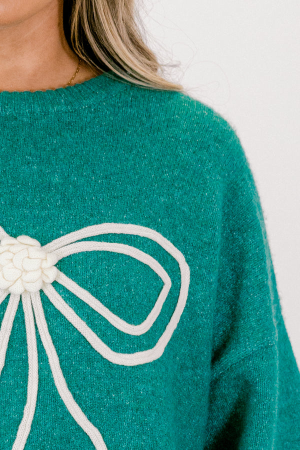 Chic Soul plus size clothing, emerald long sleeve crew neck sweater with white piping bow detailing