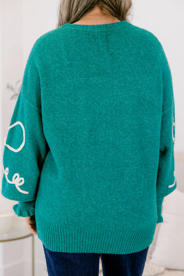 Chic Soul plus size clothing, emerald long sleeve crew neck sweater with white piping bow detailing