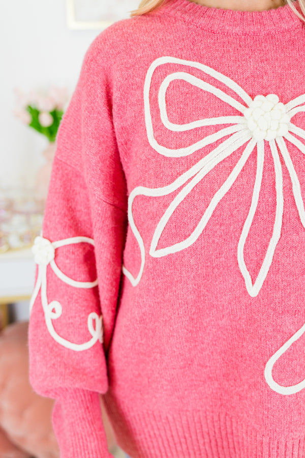 Chic Soul plus size clothing, pink long sleeve sweater with white knit bows