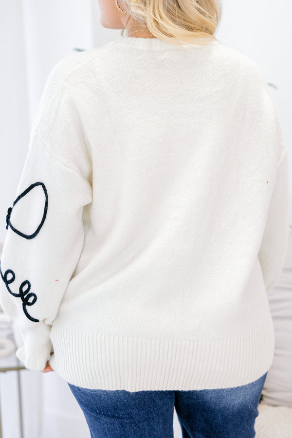 Chic Soul plus size clothing, white long sleeve crew neck sweater with black piping bow detailing
