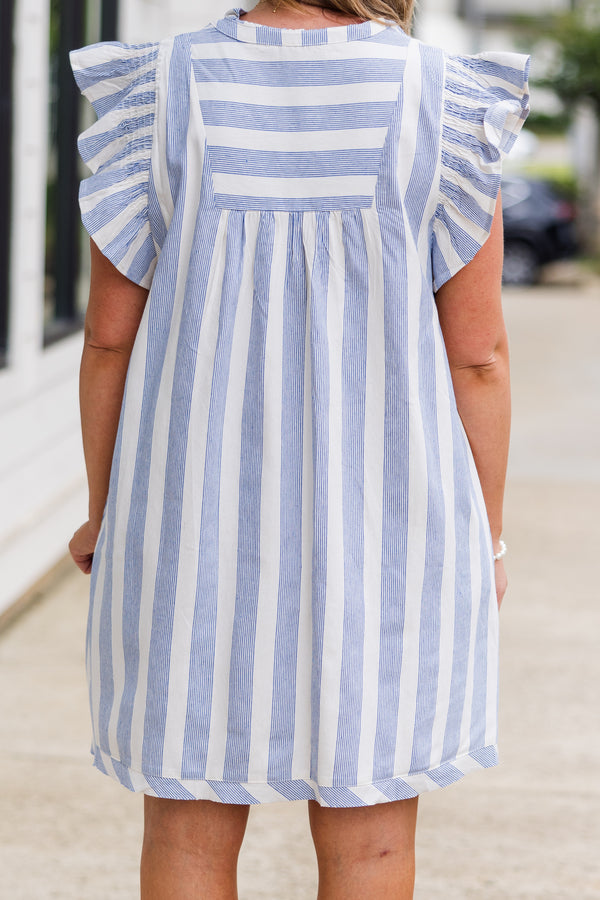 Chic Soul plus size clothing, short-flutter-sleeve blue and white striped baby doll dress with v-neckline and smocked sleeves and collar 