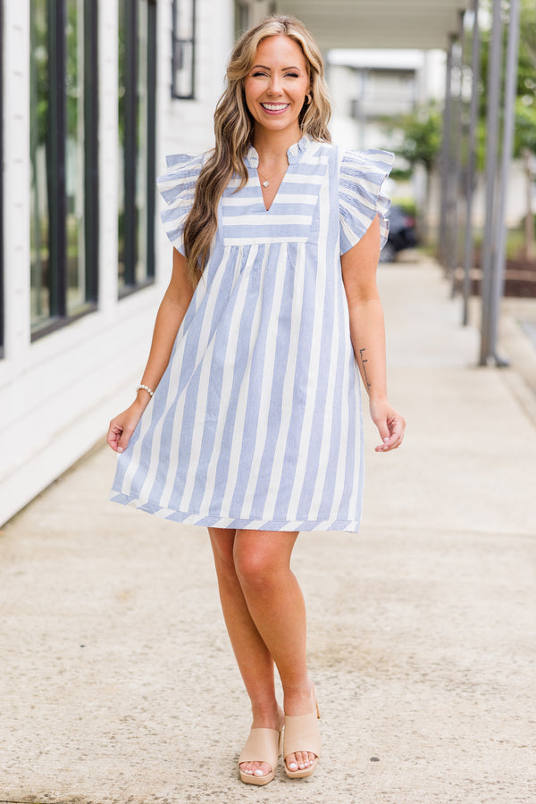 Chic Soul plus size clothing, short-flutter-sleeve blue and white striped baby doll dress with v-neckline and smocked sleeves and collar 