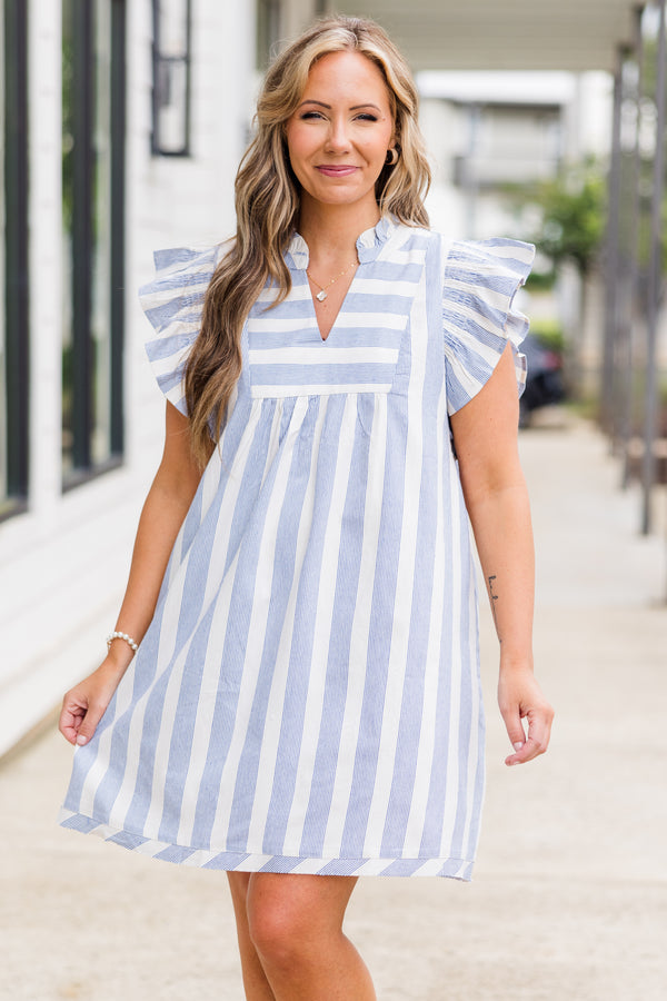 Chic Soul plus size clothing, short-flutter-sleeve blue and white striped baby doll dress with v-neckline and smocked sleeves and collar 