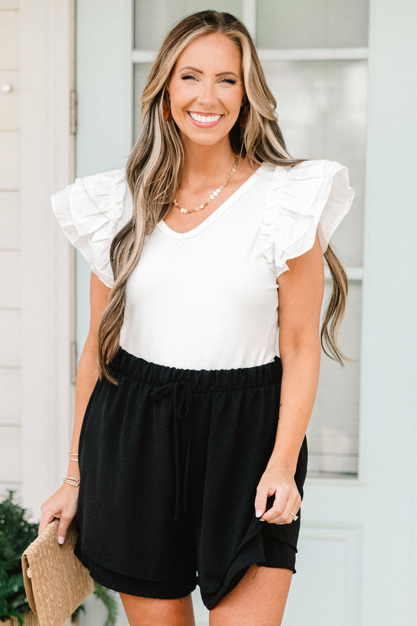 Chic Soul plus size clothing, high-waisted elastic waistband black flowy shorts with a waist tie 