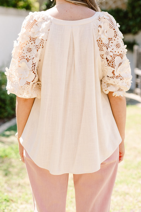 Chic Soul plus size clothing, short-puffed-sleeve oatmeal cream top with a split-v-neckline and a solid cream floral lace sleeve