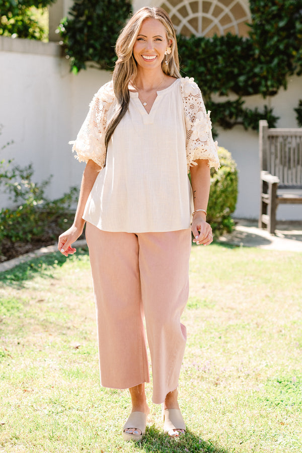 Chic Soul plus size clothing, short-puffed-sleeve oatmeal cream top with a split-v-neckline and a solid cream floral lace sleeve